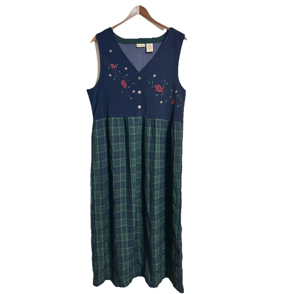 Vtg 90's Bobbie Brooks Jumper Dress Plaid  Maxi Embroidered Sleeveless